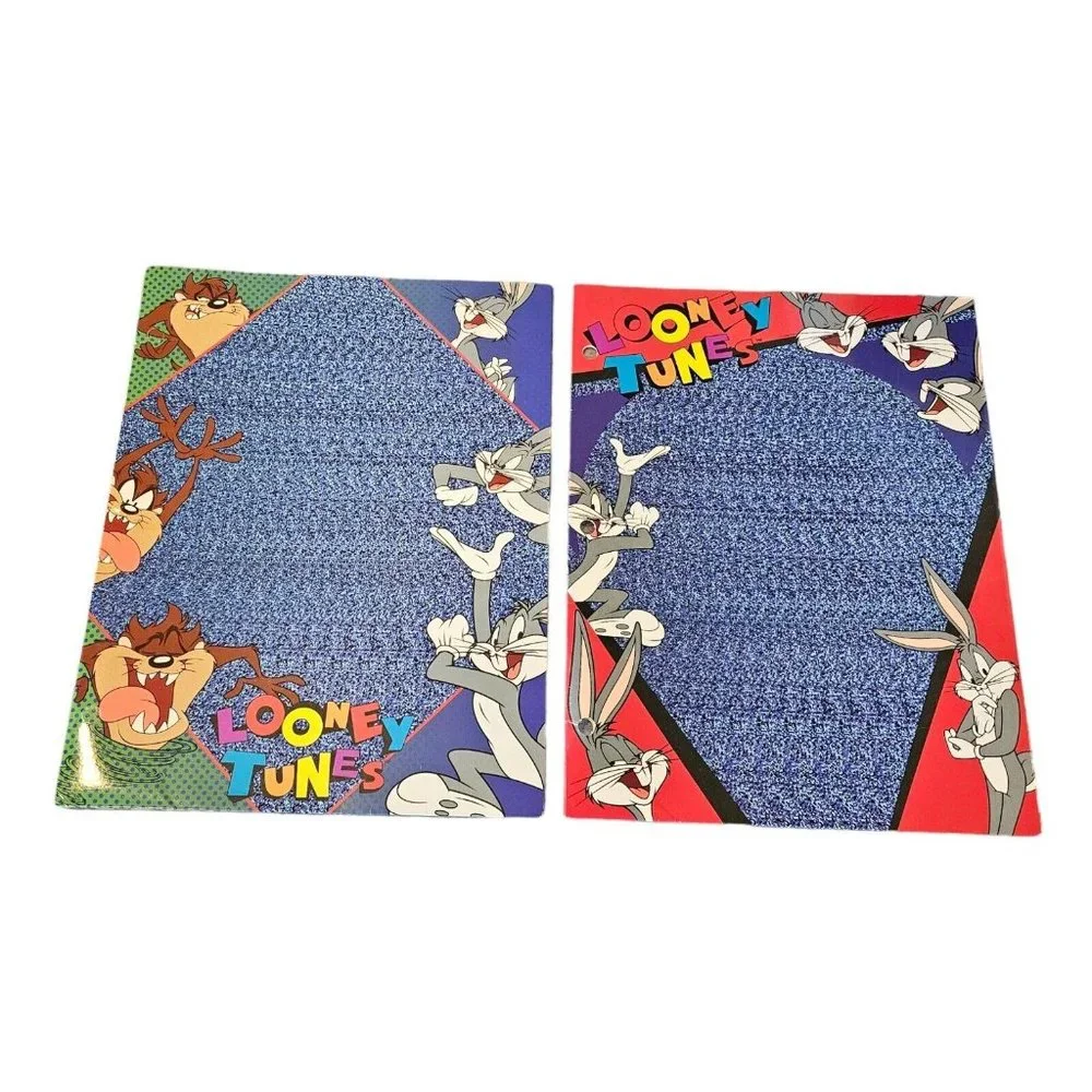 Vintage 90s Looney Tunes Bugs Bunny Taz 3D Magic Illusion Set Of 2 Blue Folders